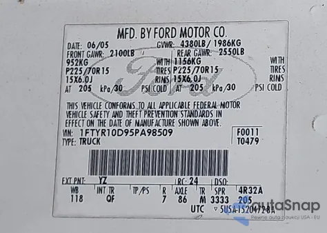 2005 Ford Ranger Xl/Xls/Xlt z USA, uszkodzony, nr VIN 1FTYR10D95PA98509